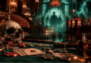 Haunted casino interior with a skull, poker chips, and playing cards on a gaming table, while ghostly gangsters emerge from the shadows.