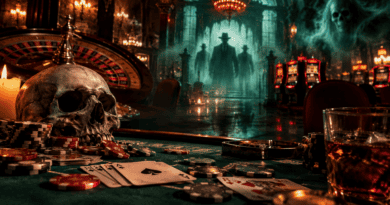 Haunted casino interior with a skull, poker chips, and playing cards on a gaming table, while ghostly gangsters emerge from the shadows.