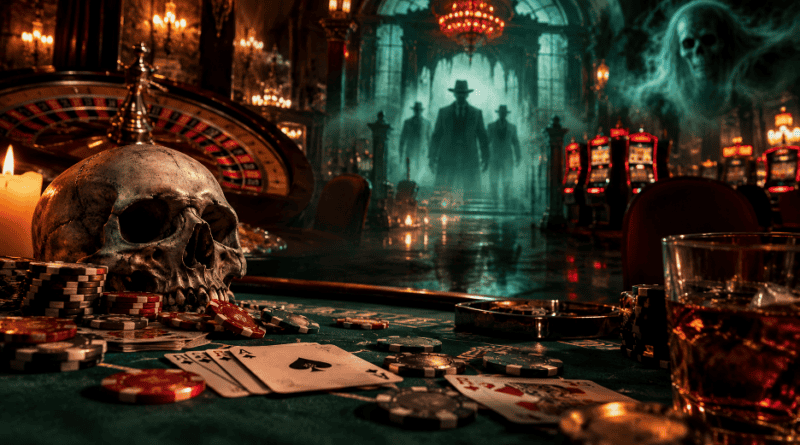 Haunted casino interior with a skull, poker chips, and playing cards on a gaming table, while ghostly gangsters emerge from the shadows.