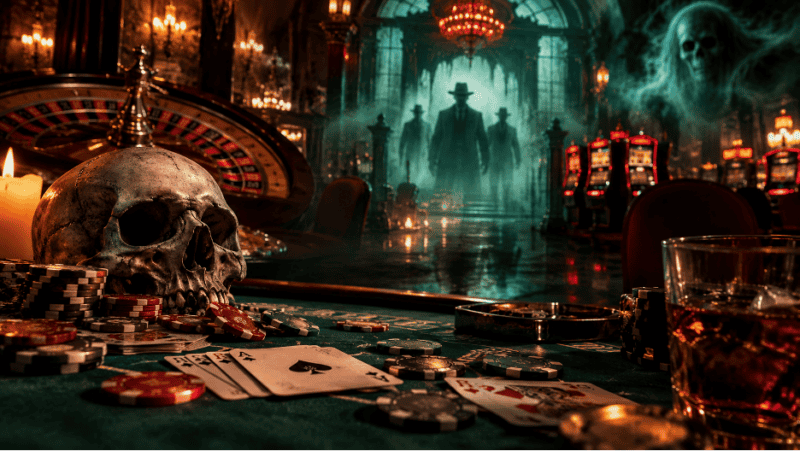 Haunted casino interior with a skull, poker chips, and playing cards on a gaming table, while ghostly gangsters emerge from the shadows.